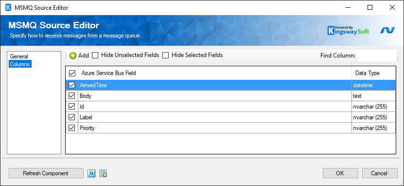 SSIS MSMQ Source Component - Columns Page